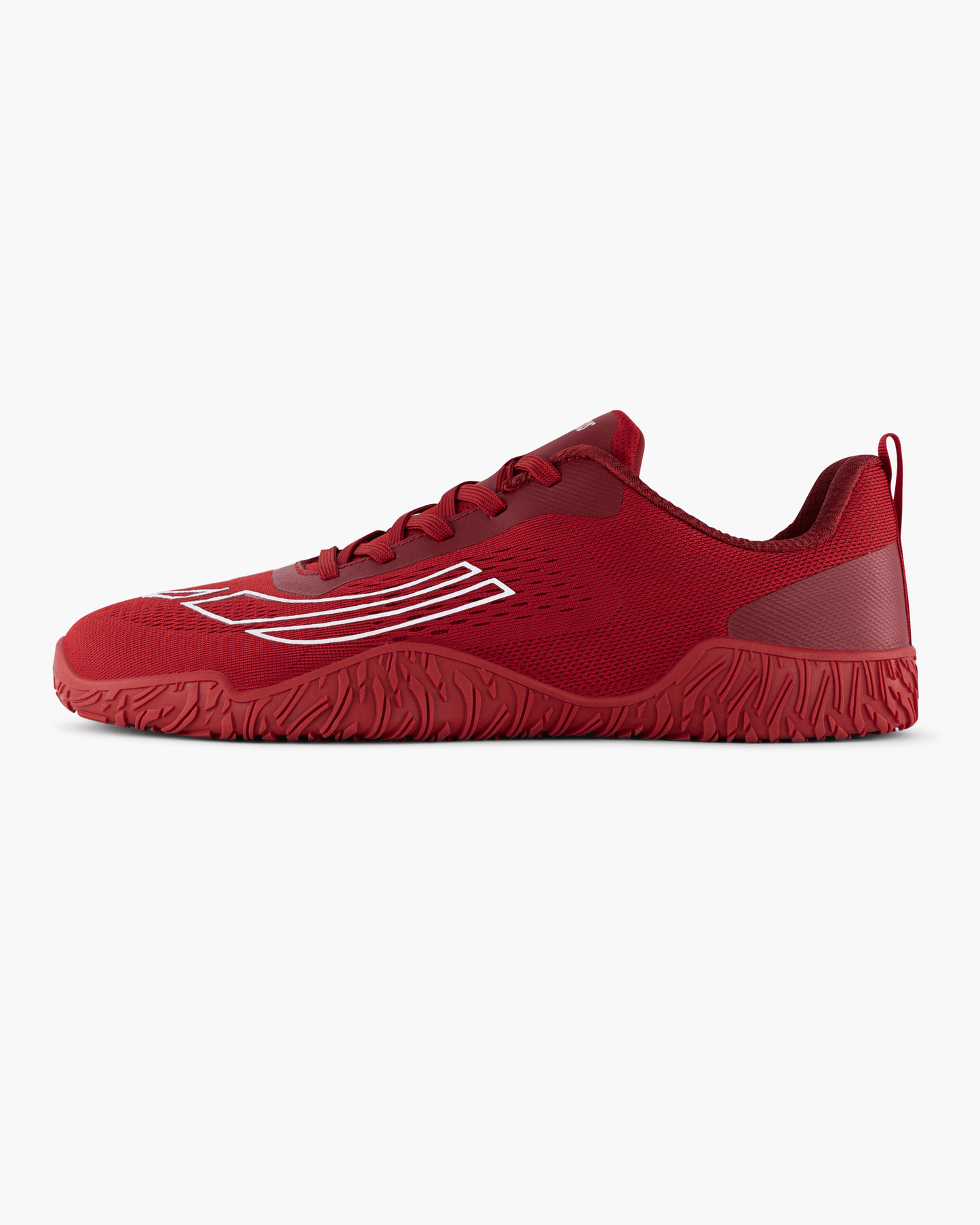 Red athletic shoe with red sole on a white background