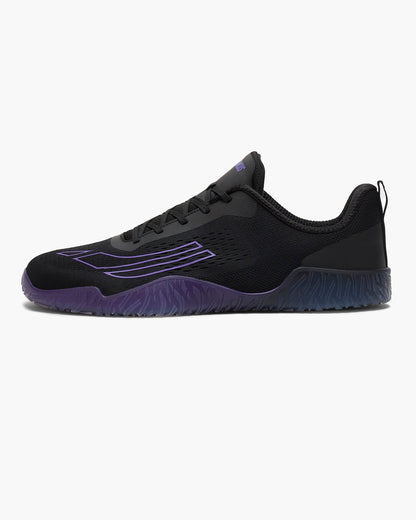 Black and purple athletic shoe on a white background
