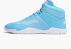 Light blue high-top sneaker with white sole on a light gray background for powerlifting