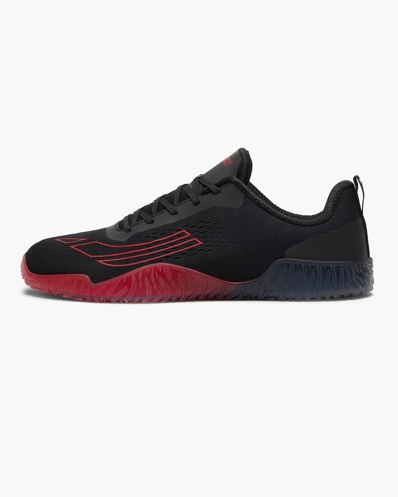 Black and red athletic shoe on a white background