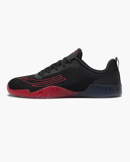Black and red athletic shoe on a white background