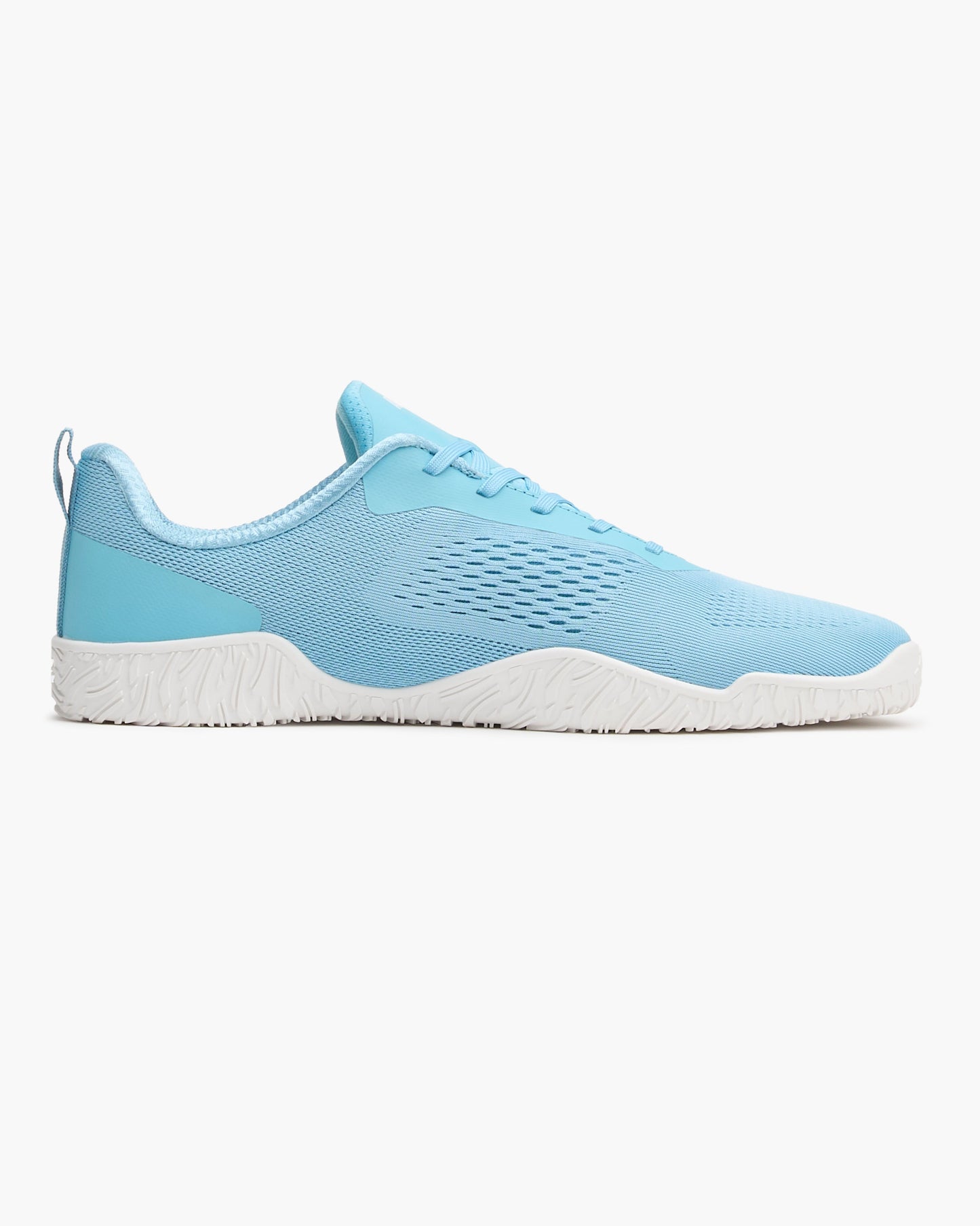 Blue sneaker with white sole on a light gray background for powerlifting
