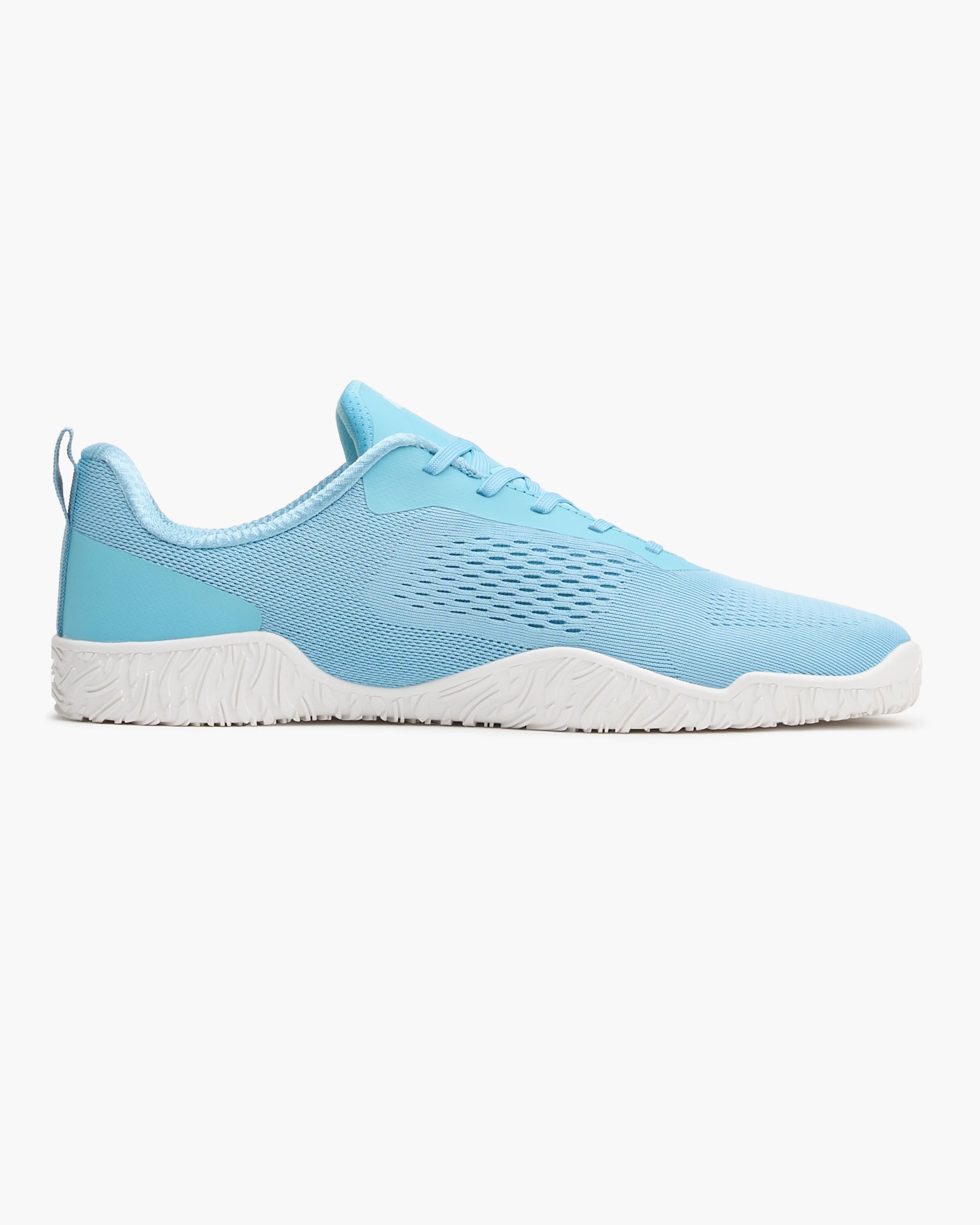 Blue sneaker with white sole on a light gray background for powerlifting